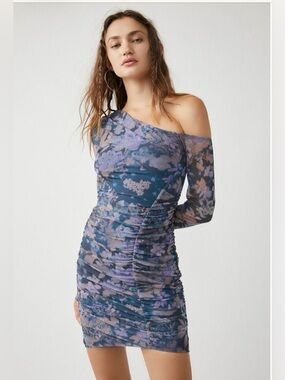 Free People One-Shoulder Blue Lavender Floral Mesh Dress